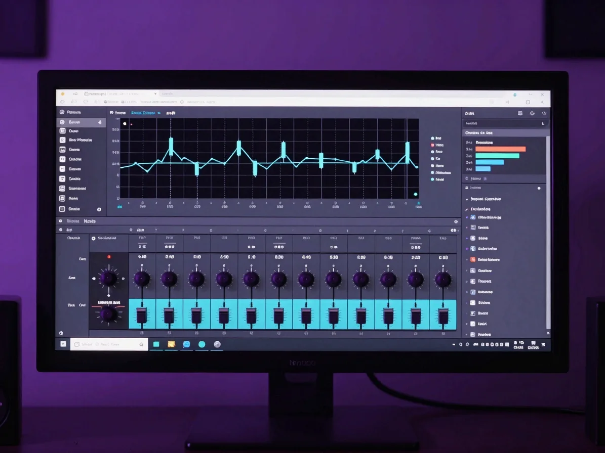 Primer plano de una interfaz de plugin de audio morada sobre una pantalla de estudio, con controles de ecualizador y com
