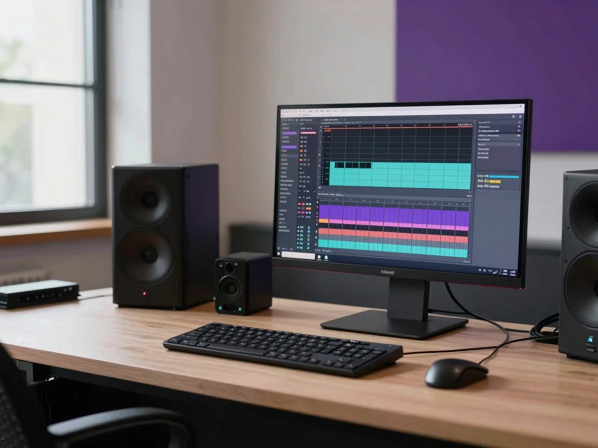 Espacio de trabajo de producción musical con monitor mostrando un